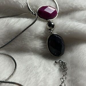 Necklace, large pendant, three jewels beveled purple,dark gray, silvertone chain